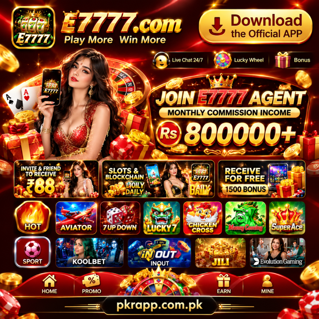 E7777 app interface showing online gaming features, game options, rewards, and user safety information